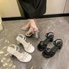 French silver thick-heeled sandals women's spring and summer 2025 new outer wear bow open-toed love rhinestone sandals