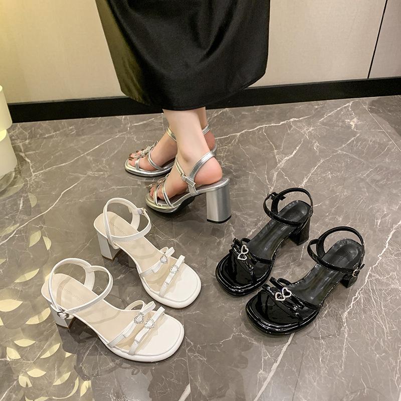 French silver thick-heeled sandals women's spring and summer 2025 new outer wear bow open-toed love rhinestone sandals