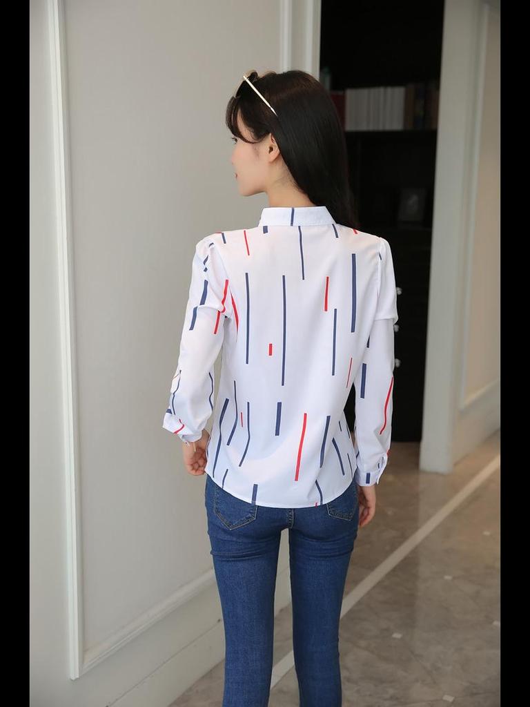 2024 Spring/Autumn Casual Striped Loose Stand Collar White Long Sleeve Women's Pullover Shirt