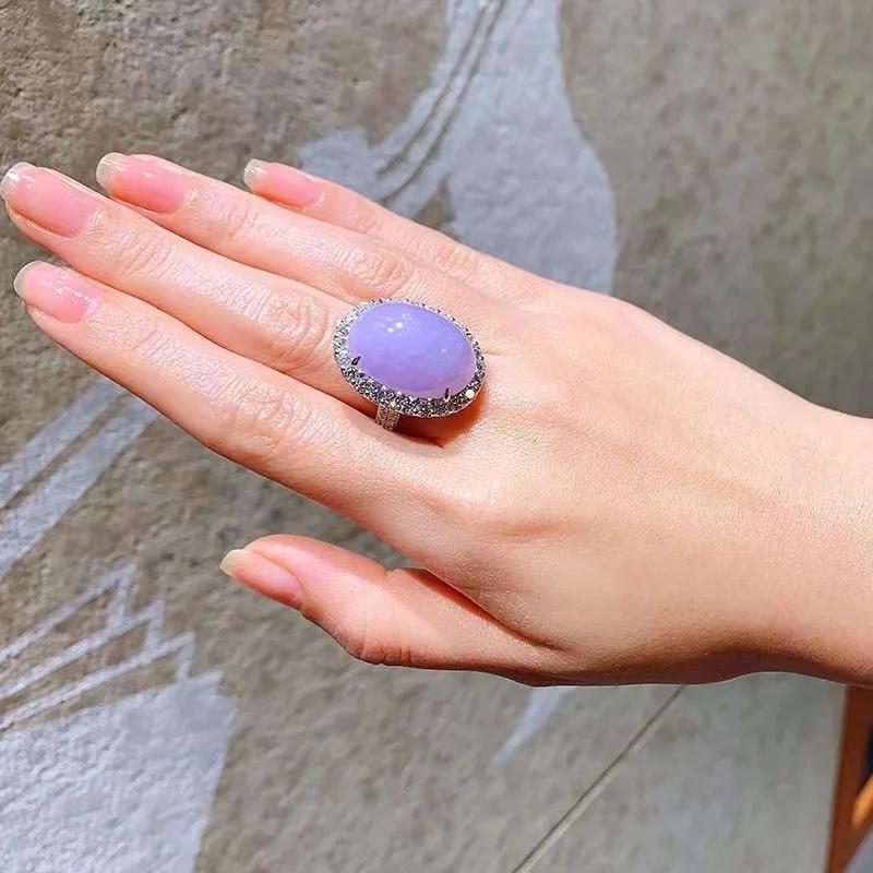 Exquisite Light Purple Ring   Natural Violet Chalcedony Large Oval Rings For Women Luxury Elegant Engagement Jewelry