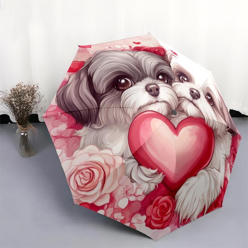 Heart and Shih Tzu pattern, automatic folding umbrella, portable and foldable design, 8 ribs, a Christmas or birthday gift.