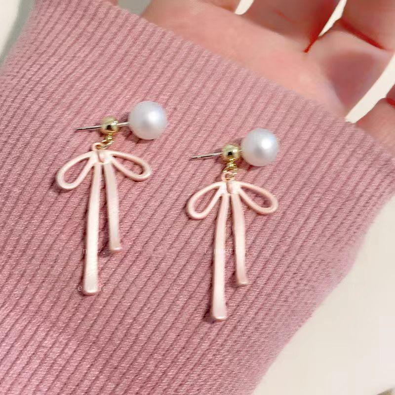 Pink Bow Dual-Wear Pearl Earrings - Unique Summer Back-Hanging Design, Light Luxury, High-End for Girls