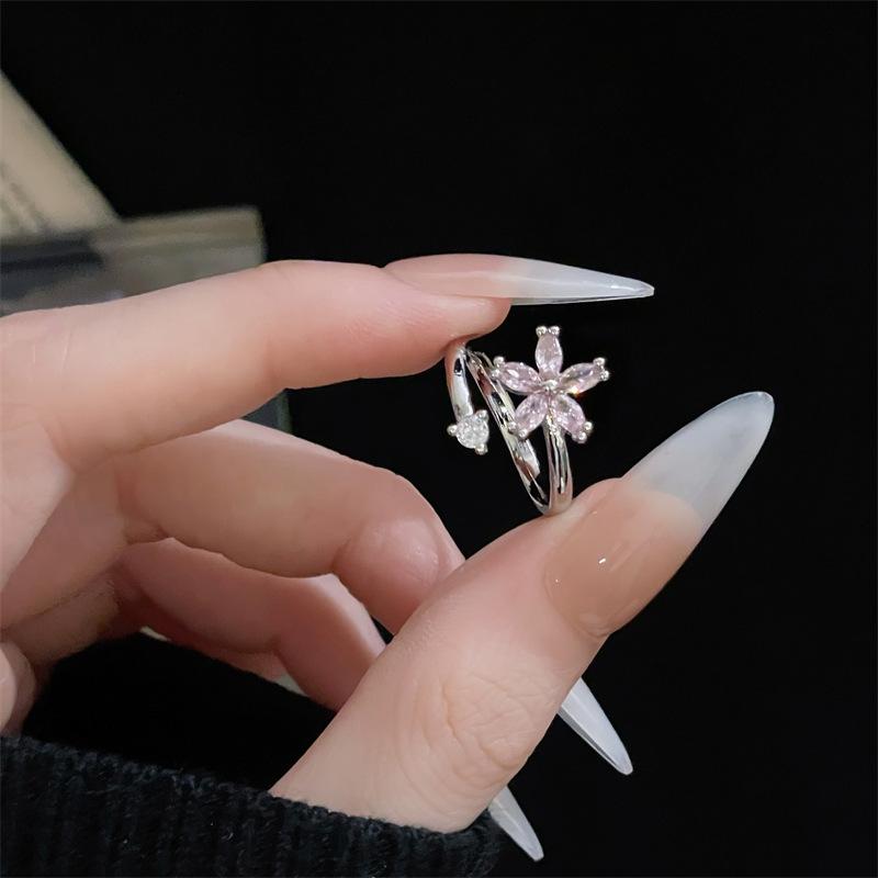Bow Pink Zircon Series Open Ring Niche Love Cold Wind Advanced Sense Personality Ring Woman