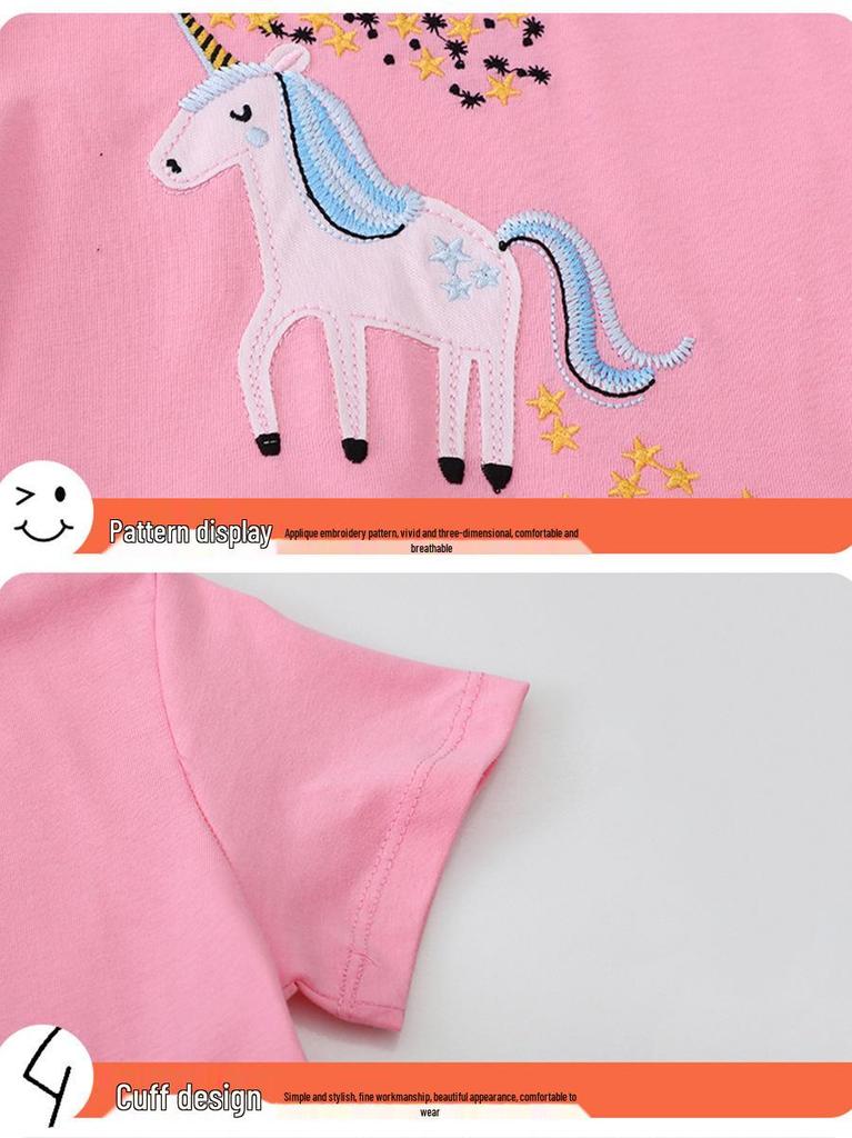 Girls' Fashionable Princess Dress with Cartoon Embroidery, Short Sleeve Formal Wear for Spring and Summer.