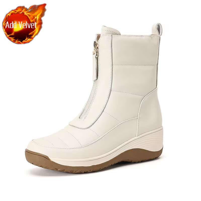 

Autumn Winter Leather Zipper Fleece-lined Booties Round Toe Waterproof Chunky Snow Boots for Women Chic and Elegant Woman Shoes 40