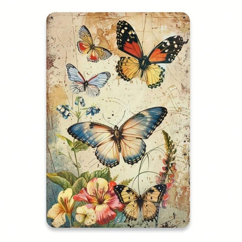 Vintage Metal Sign Butterfly Flower Wall Decor for Restaurant