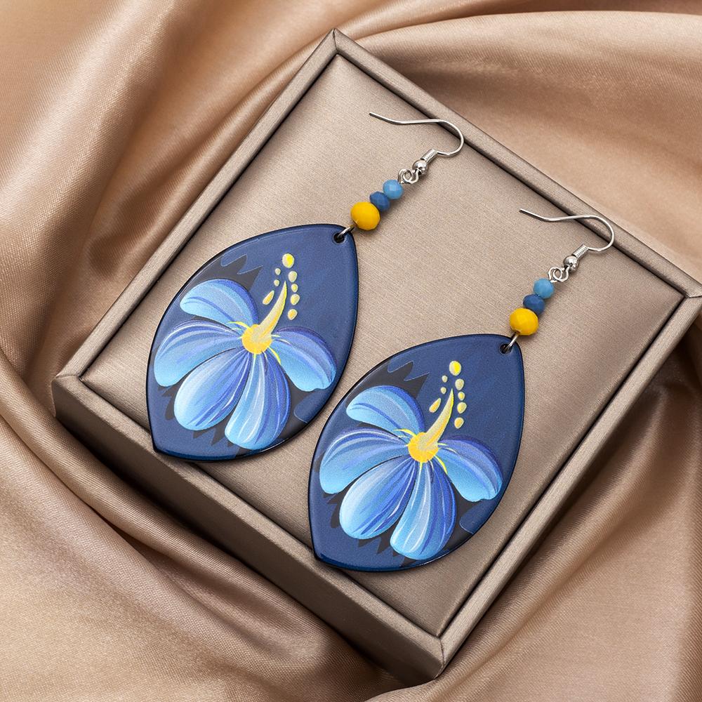 Fashion Blue Acrylic Relievo Printing Flower Earrings Dangle For Women Vintage Style Elegant Daily Wear Jewelry Accessories Gift