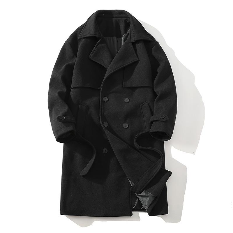 Herren Neutraler Doppelreiher Wollmantel Mittellang Locker Schnürung Windbreaker Design Jacke Herren