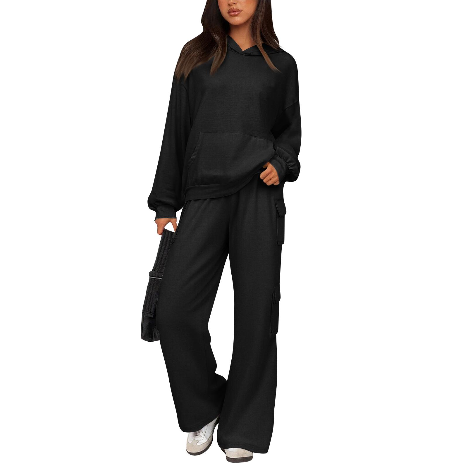 

Women s 2 Piece Short Sleeve Sweatshirt Pants Set With Pockets Casual Sportswear M чёрный