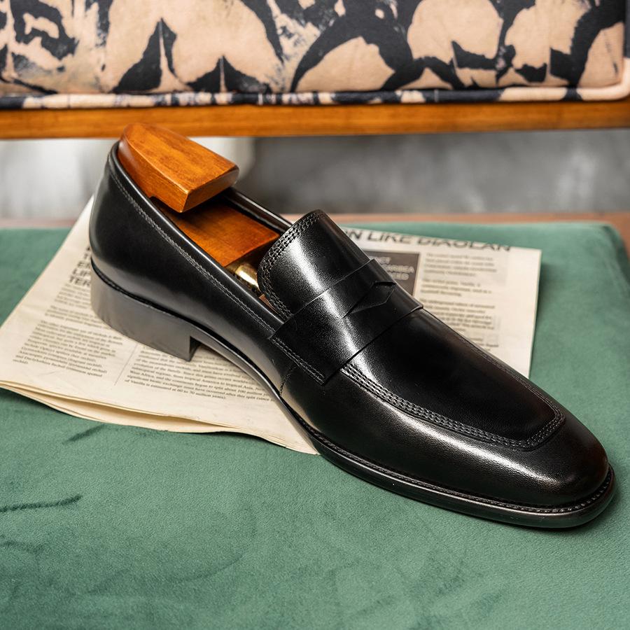 Penny Loafers Square Head Leather Shoes Men's Business Casual Cowhide Men's Shoes One Pedal