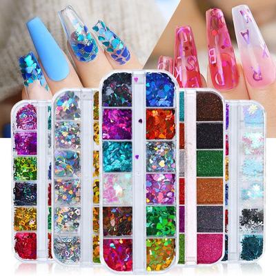 12 Grids Nail Art Sequins Holographic Glitter Powder Laser Heart Snowflake Alphabet DIY Manicure UV Gel Polish Tips Decoration