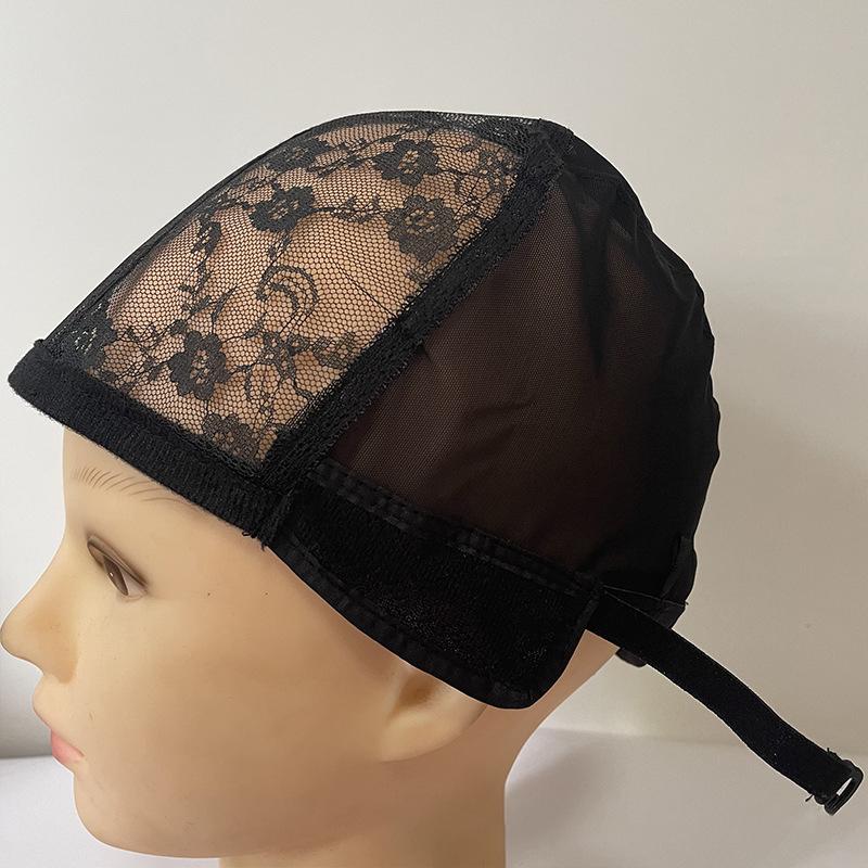 Krajková paruková čepice na výrobu paruk 56 cm s nastavitelnými ramínky Stretch tkaní čepice do U Černá Dámská kupole síťky na vlasy Klobouk