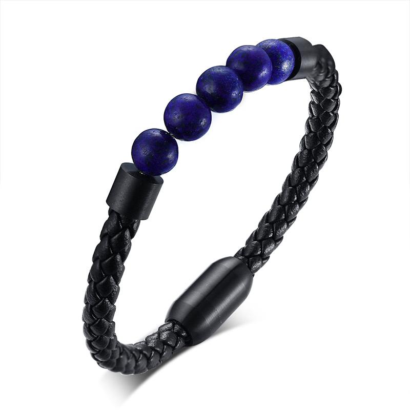 Titanium Steel Man Chakra Jewelry Wholesale Stainless Steel Men's Black Leather Volcanic Beaded Braclets Stone Leather Bracelets
