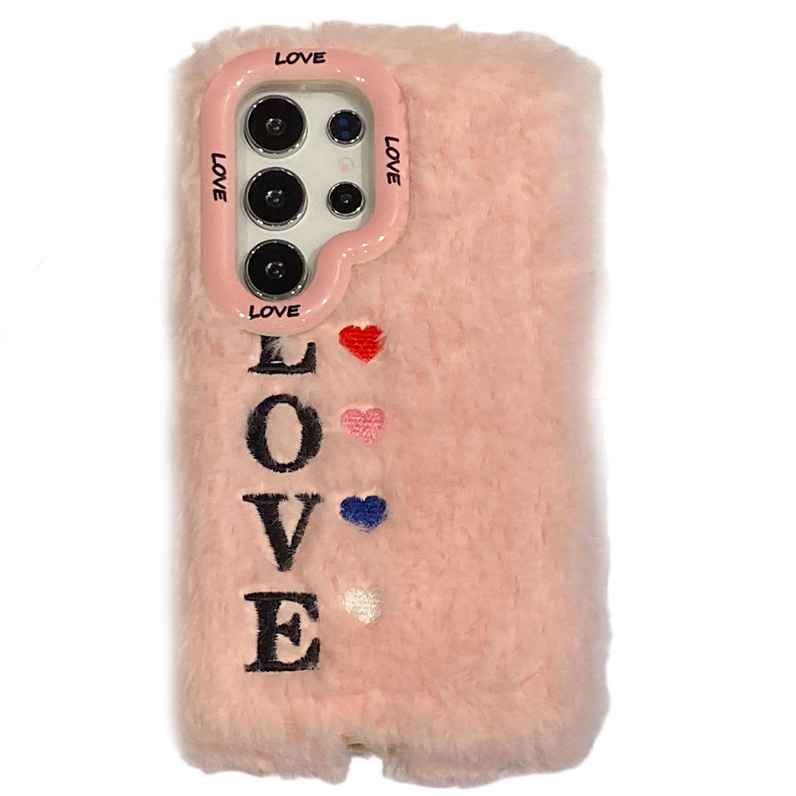 

KJS-002 Чехол для Samsung Galaxy S24 Ultra с защитой камеры, подставкой, вышитым LOVE, пушистый ТПУ чехол для телефона A