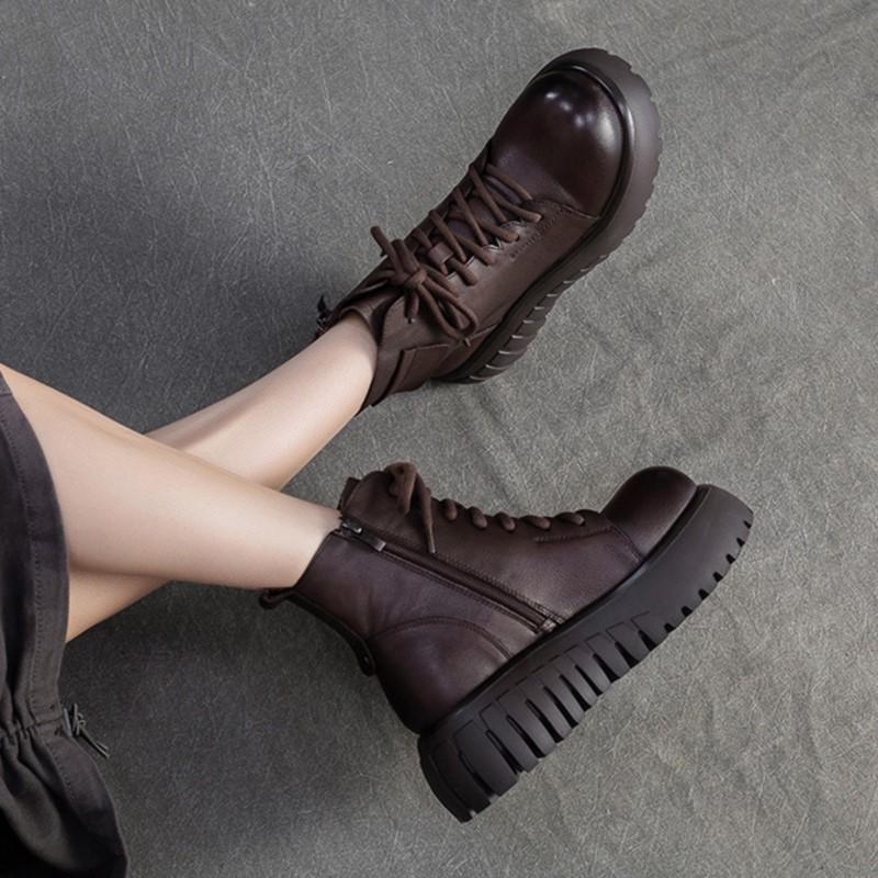 Johnature Thick Sole Women's Short Boots With Genuine Leather Retro Side Zipper Versatile Women's Shoes