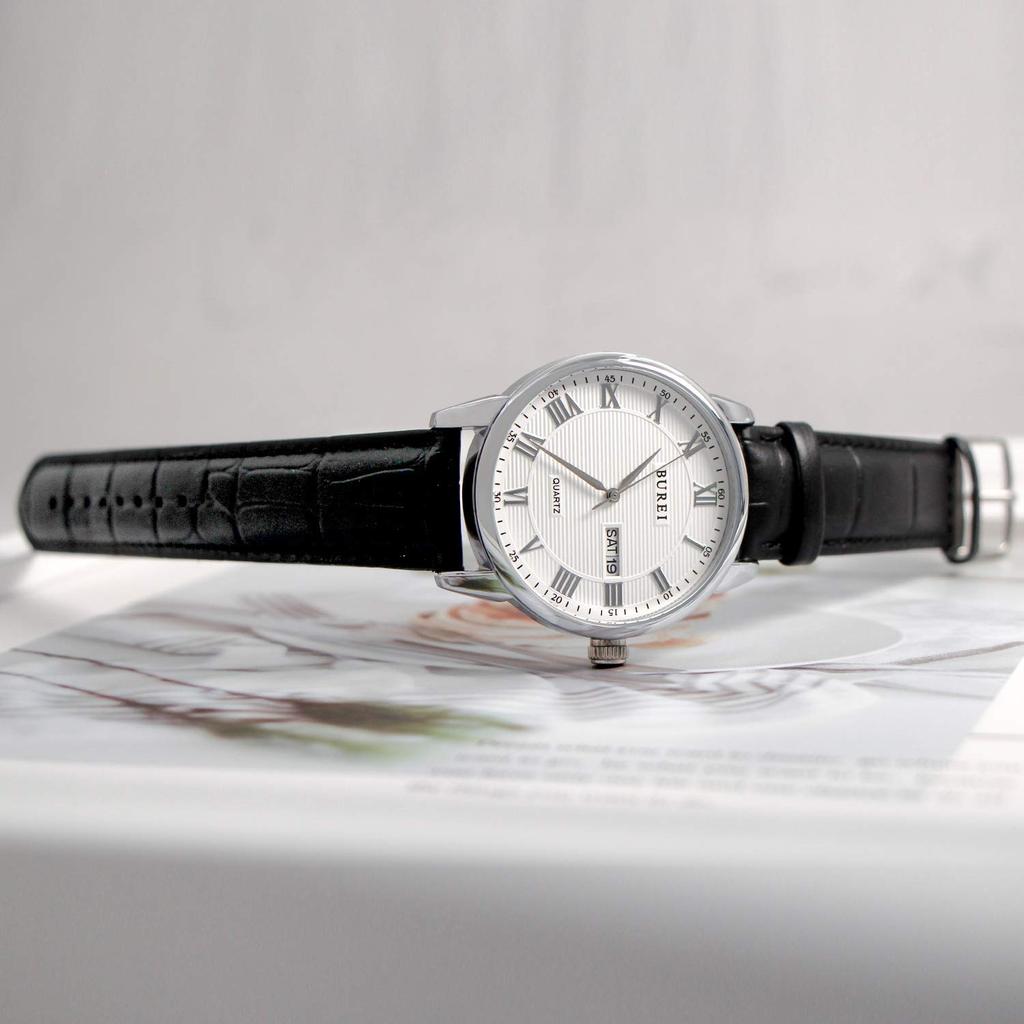 Pánské hodinky BUREI, kožené, oblíbené značky, analogové, římské číslice, jednoduché, vodotěsné, stylové, dojíždějící, obchodní, stříbrné, bílé