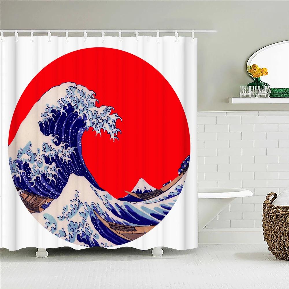 Classic Creativity Waves Spray Bath Curtain Waterproof Fabric Japanese style Shower Curtains Bathroom Bathtub Screen With Hooks