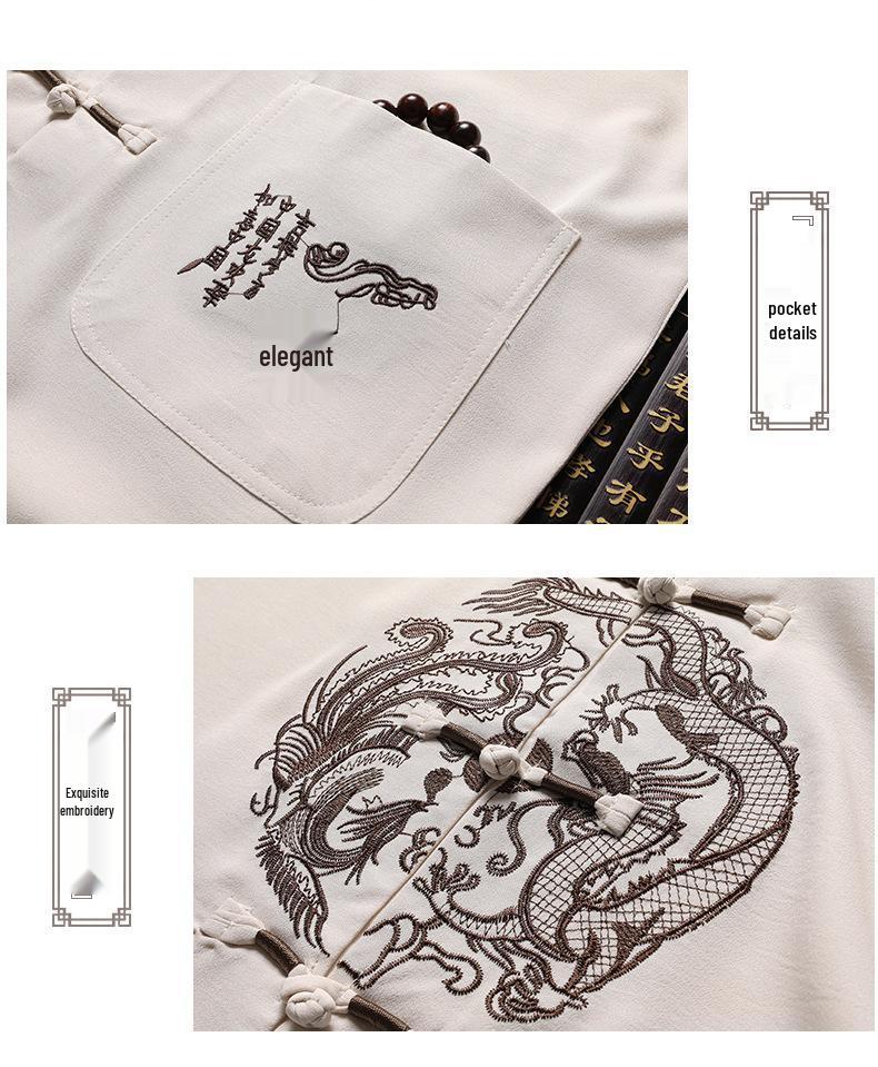Men's Summer Ice Silk Tang Suit: Thin Retro Hanfu Set with Frog Button Embroidery for Middle-Aged and Elderly.