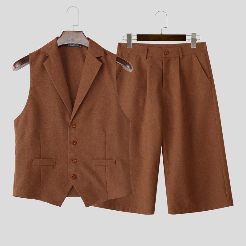 

INCERUN Two-piece Suits Men Sleeveless Thin Waistcoat and Cropped Pants Sets XL оранжевый