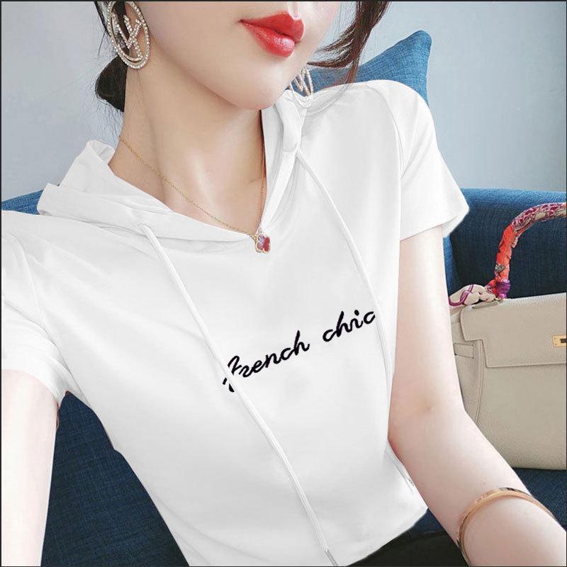 Women's Hooded Short Sleeve T-Shirt Loose Fit Casual Pullover Letter Print Summer Fashion Top