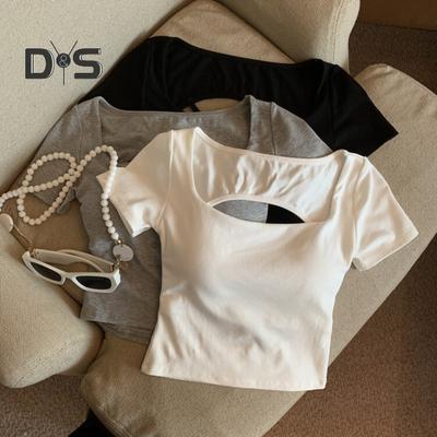 Kadın Tişört Kare Yaka Kısa Kollu Oyuk Sırt Tişört Düz Renk Dar Kesim Crop Top Günlük Giyim