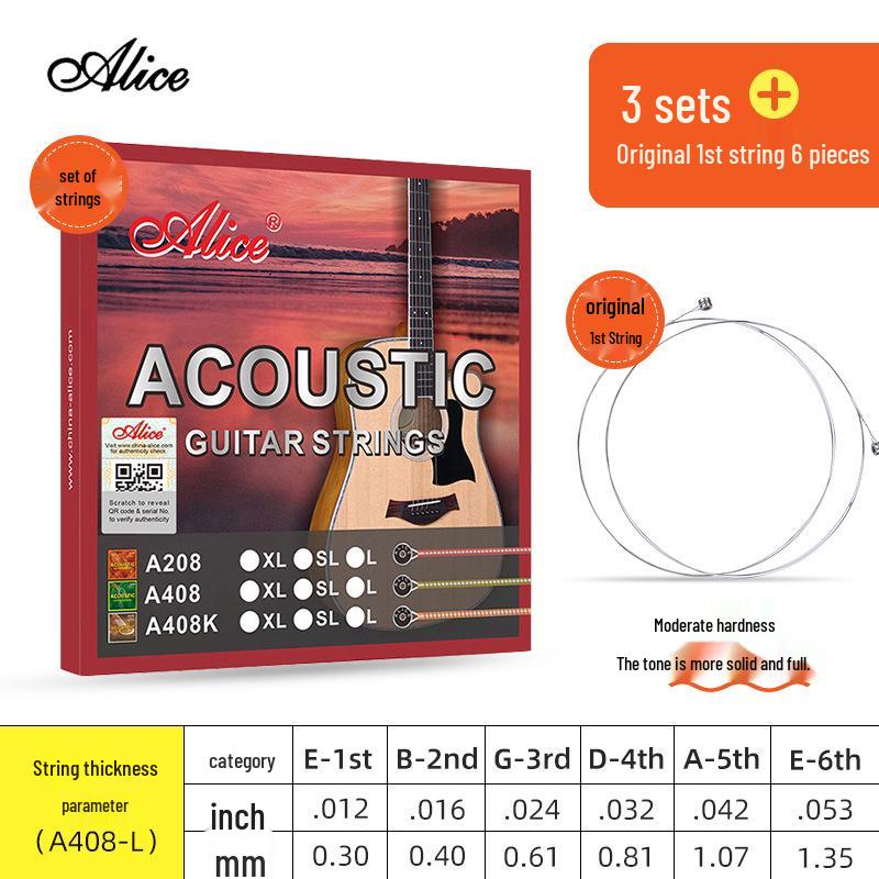Corde per Chitarra Acustica Alice Folk - Set Completo da 6 (Corde 1ª, 2ª, 3ª come Singole)