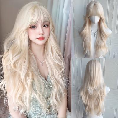 26 Inch Synthetic Water Curly Wave Wigs Air Bangs Hair PLATINUM Heat-Resistant Natural And Smoot Daily Wear For Women