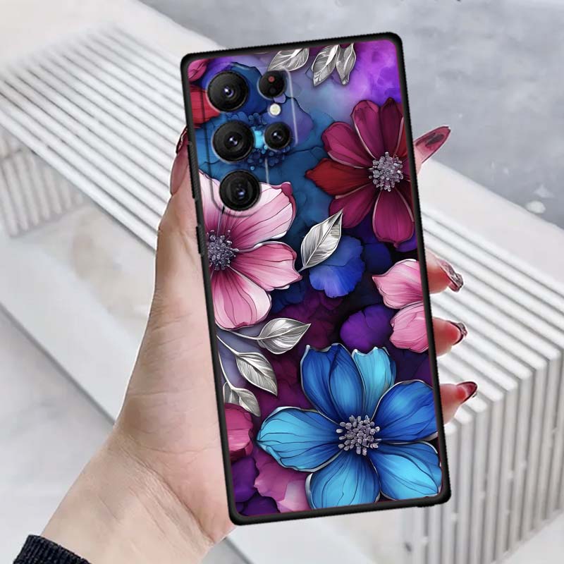 Butterfly flower pattern Phone Case For Samsung Galaxy S26 S25 S24 S23 S22 S21 S20 Ultra Plus FE 5G Black Soft TPU