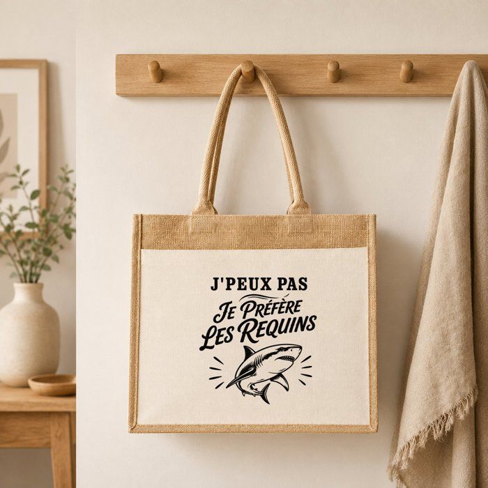 Sac cabas - PLANETEE - J'peux pas minimaliste - Jute et coton - Motif requins - 21 L (43×33×21 cm)