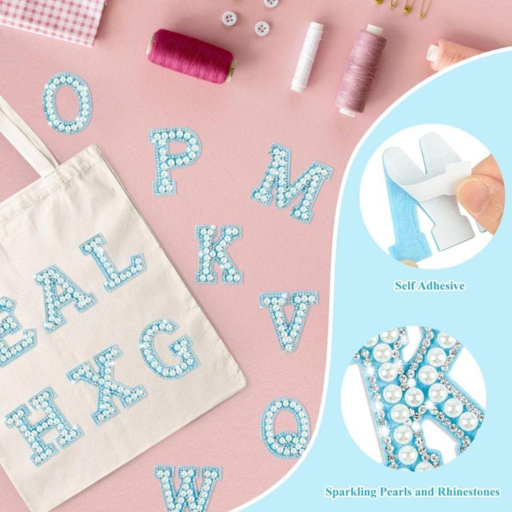 26Pcs A-Z Alphabe 26 Letter Applique Beaded Pearl Alphabet Patch Rhinestone Letter Patches Bags