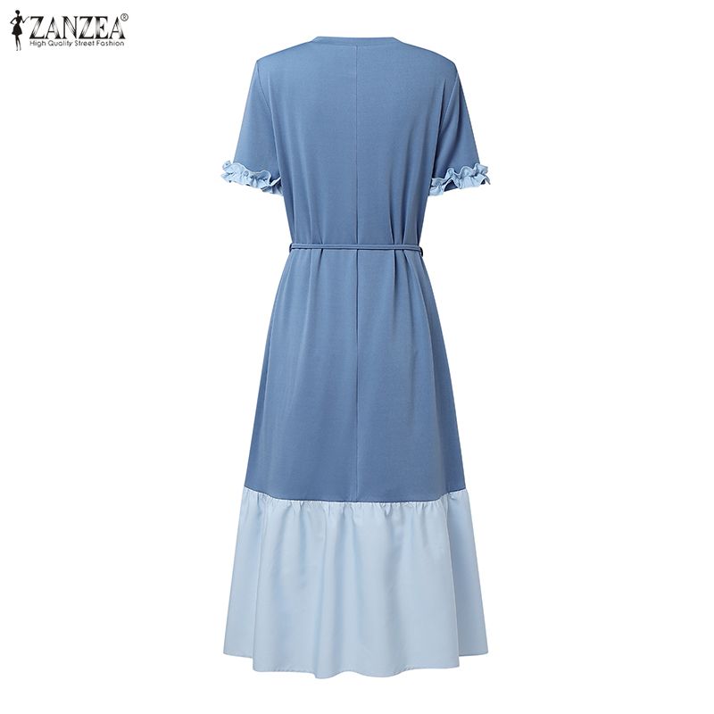 ZANZEA Women Casual Round Neck Summer Short Sleeve Splice Long Dress