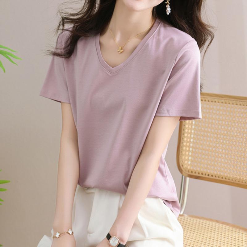 Women's Summer Short-Sleeve Loose-Fit Solid Color Plus Size T-Shirt V-Neck Elegant Commuter Base Layer