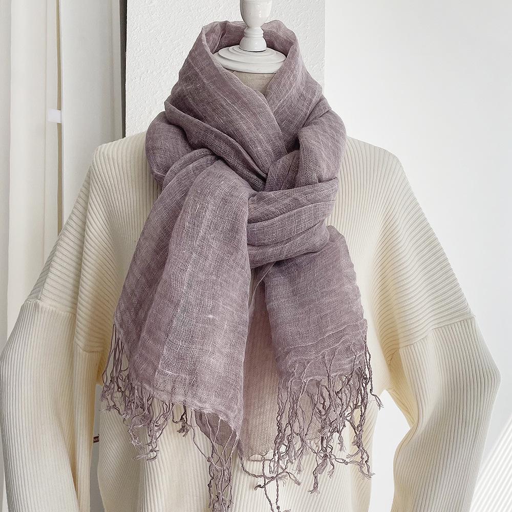 Bufanda de Lino para Mujer - Chal Ligero de Algodón y Lino de Color Sólido con Borlas, Estilo Bosque Artístico, Protección Solar, Moda Japonesa Coreana.