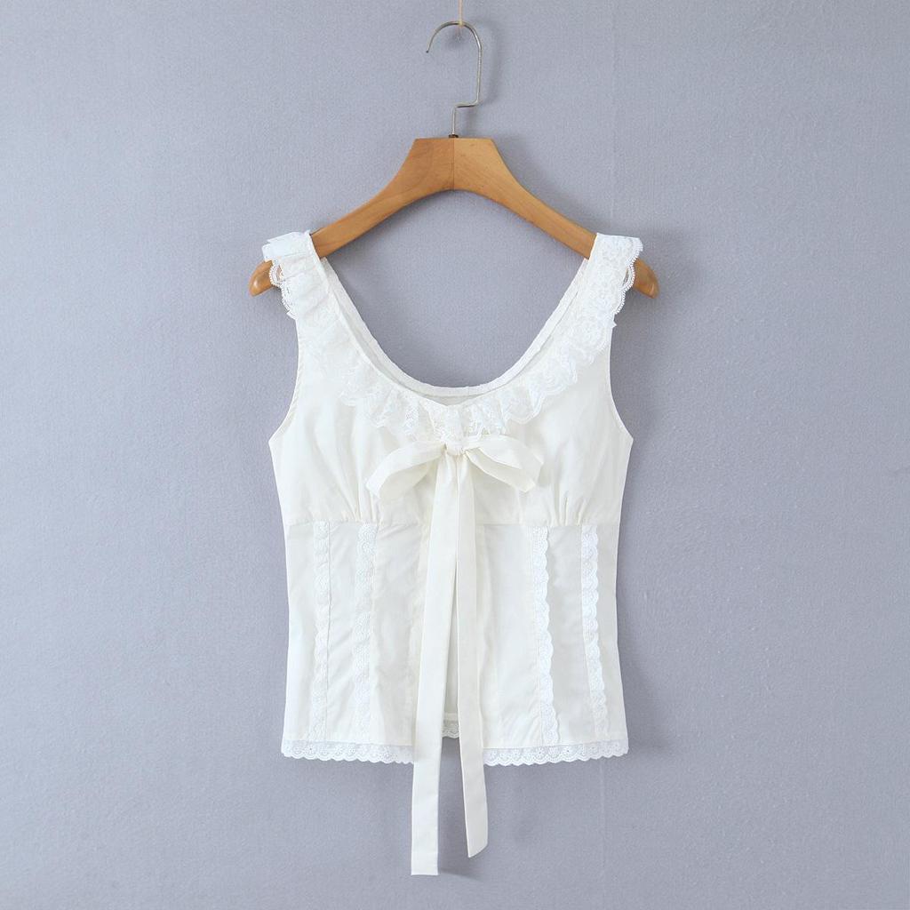 2026 Chic Lace Bowknot Vest: French Square Neck, Sexy Open Back, Short Top
