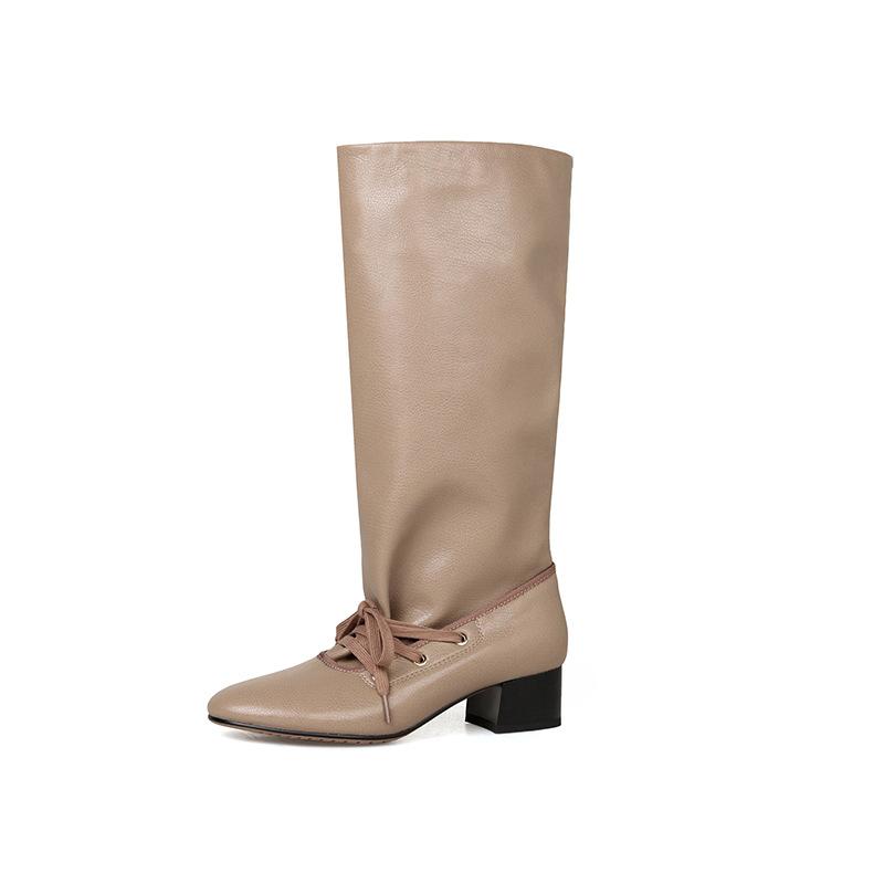 

Retro round head strap pleated stacking boots 2025 autumn and winter new thick heel high sheepskin boots high knight boots women 39