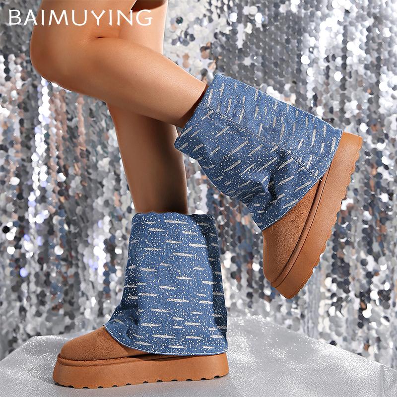 Suede Platform Women Mid Calf Boots Flats Fashion Casual Shoes Woman 2025 Trend Winter Designer Walking Warm Snow Botas Mujer