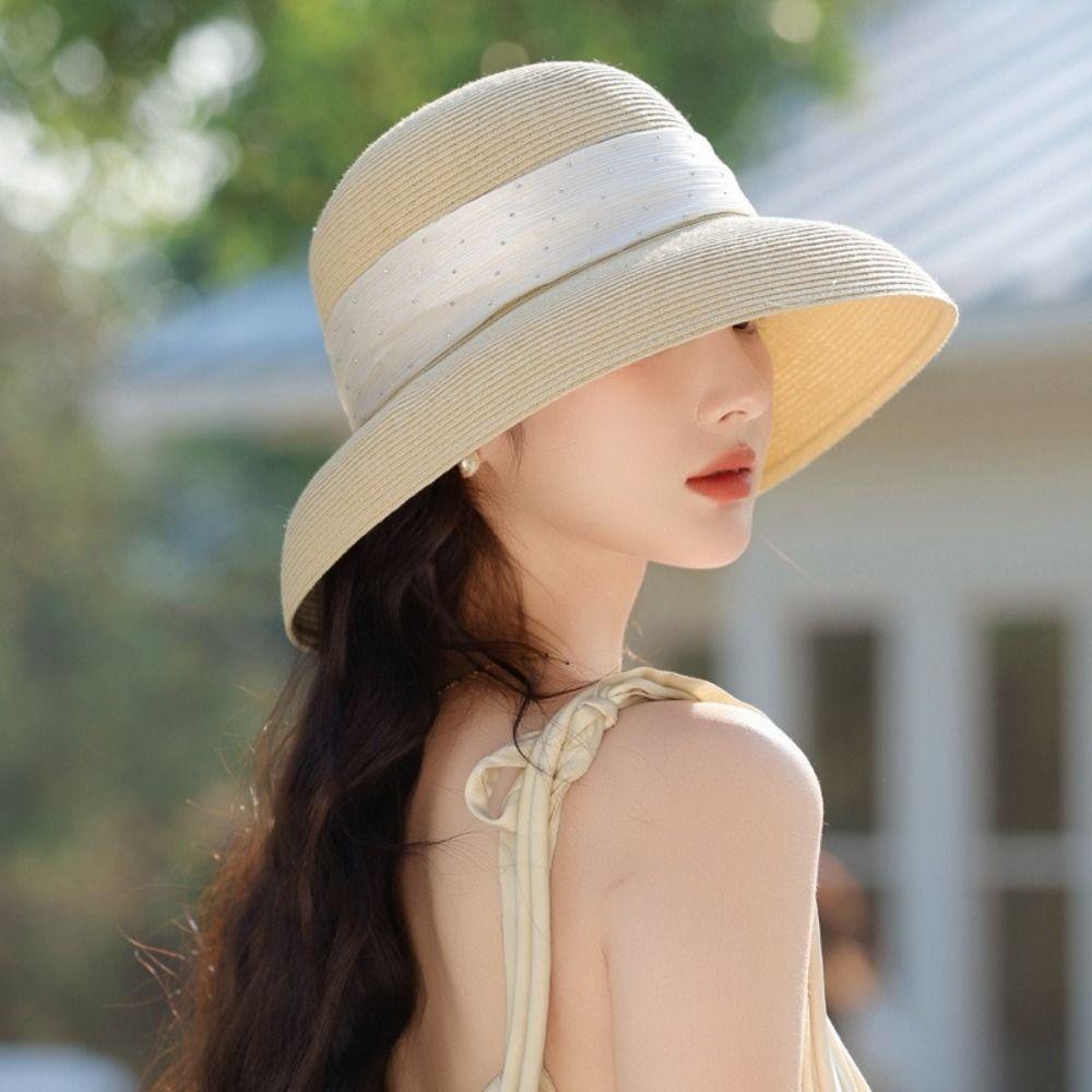 Fashion Boho Lafite Straw Hat Dome Wide Brim Women's Sun Hats Visor Polka Dot Beach Hat Outdoor