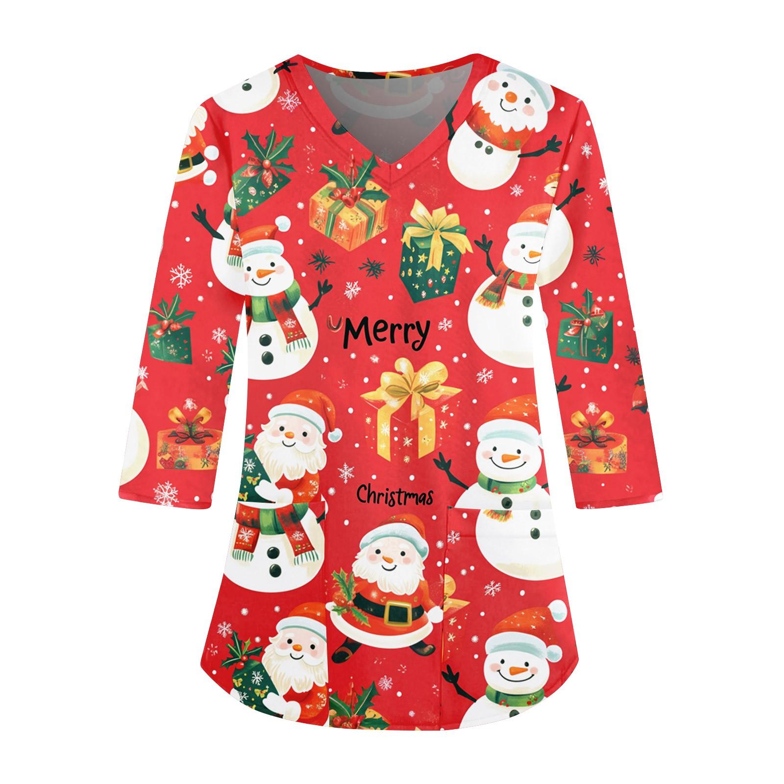 

Женский свободный рабочий топ с V-образным вырезом и карманом, рождественским принтом и рукавом три четверти XL красный