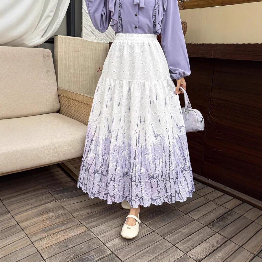 Qooth Embroidered A-Line Maxi Skirt French Romantic Floral Print QT2852