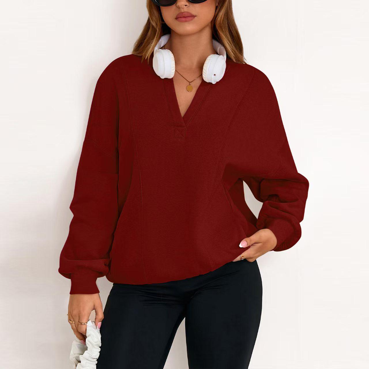 

Women s V-neck Long Sleeve Loose Sweatshirt - European & American Autumn/Winter 2025 Collection L вина червоного кольору