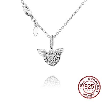 Ασήμι 925 Pave Heart & Angel Wings Κολιέ σκοποβολής Γυναικείο κόσμημα Πολυτελές αστραφτερό δώρο φίλη