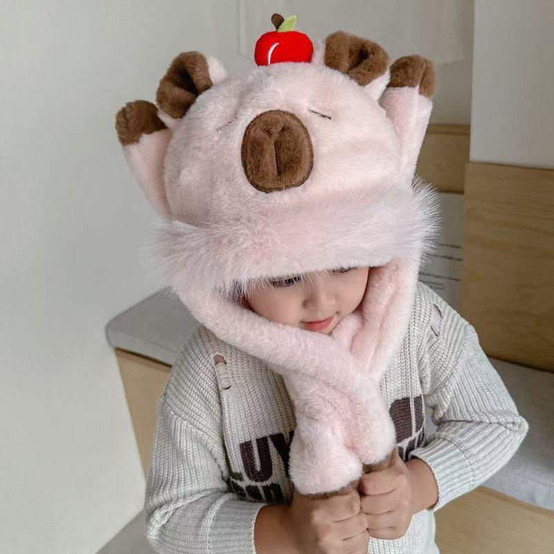 

Winter Red Apple Capybara Kids Hat with Moving Ears, Scarf, and Ear Protection for Boys and Girls One Size рожевий