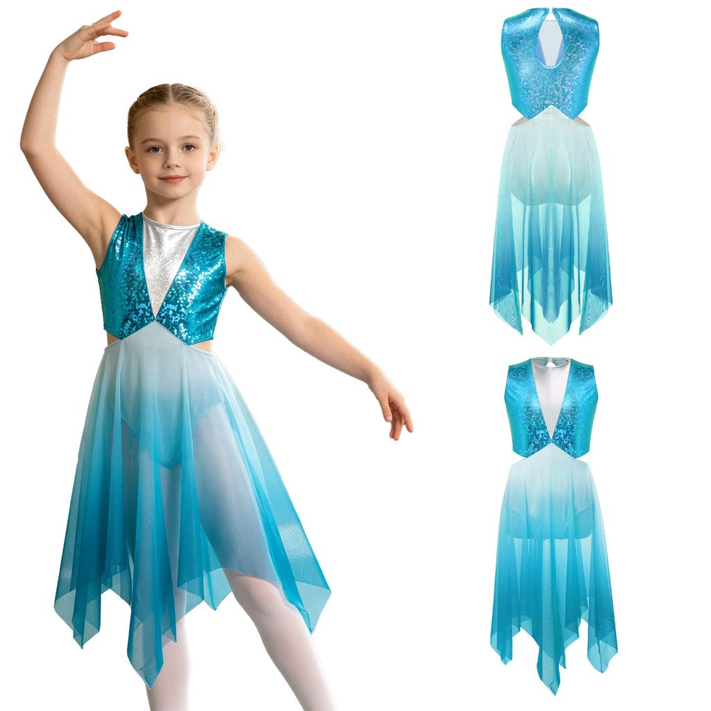 Sleeveless Keyhole Back Dress with Metallic Bodice Cutout Waist Asymmetrical Gradient Mesh for Girls Lyrical Dance Competition