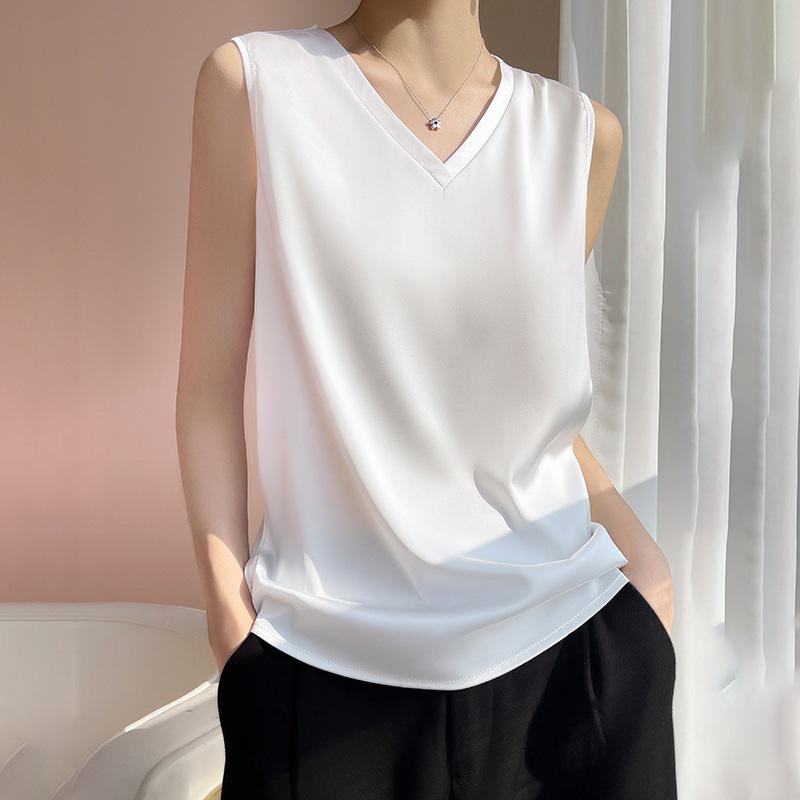 

Женский топ-майка из белого шелка тутового дерева с V-образным вырезом без рукавов 2XL