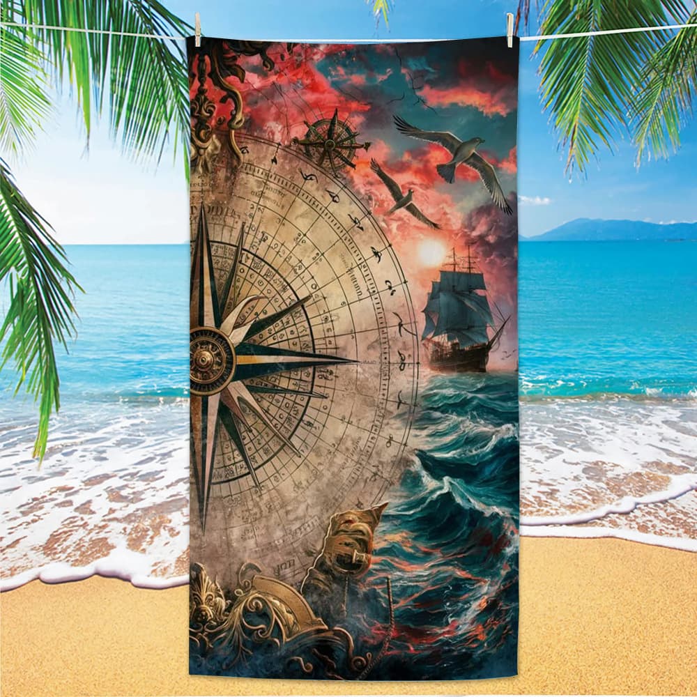 Vintage Nautical Beach Towel - Lighthouse, Compass & Pirate Ship Print, Quick Dry Microfiber for Travel & Pool