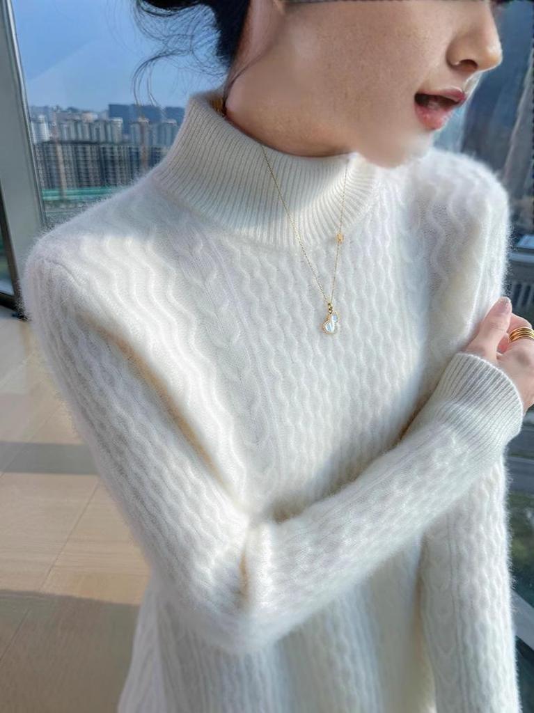 Women's Loose Cable Knit Cashmere Sweater - Double-Ply Wool, Double-Layer Collar, Base Layer for Autumn/Winter
