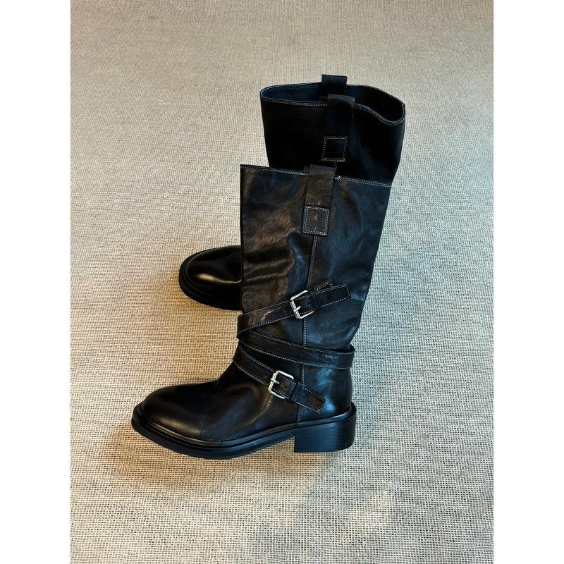 Cowhide Version~ Retro Belt Buckle Mid Boots Western Cowboy Boots Slim Thick-soled Fried Street Boots Female Knight Boots