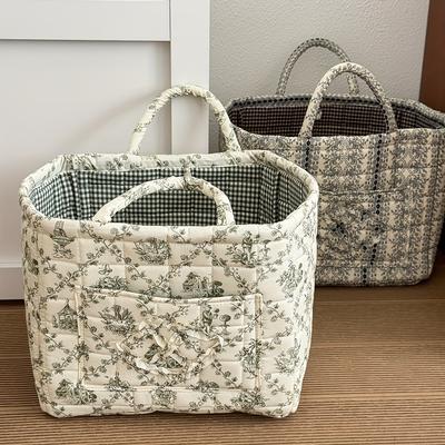 Large-Sized Storage Basket | Quilted Canvas With Random Print, Thick, Portable Laundry Hamper With Handle For Various Room Types, Laundry Baskets