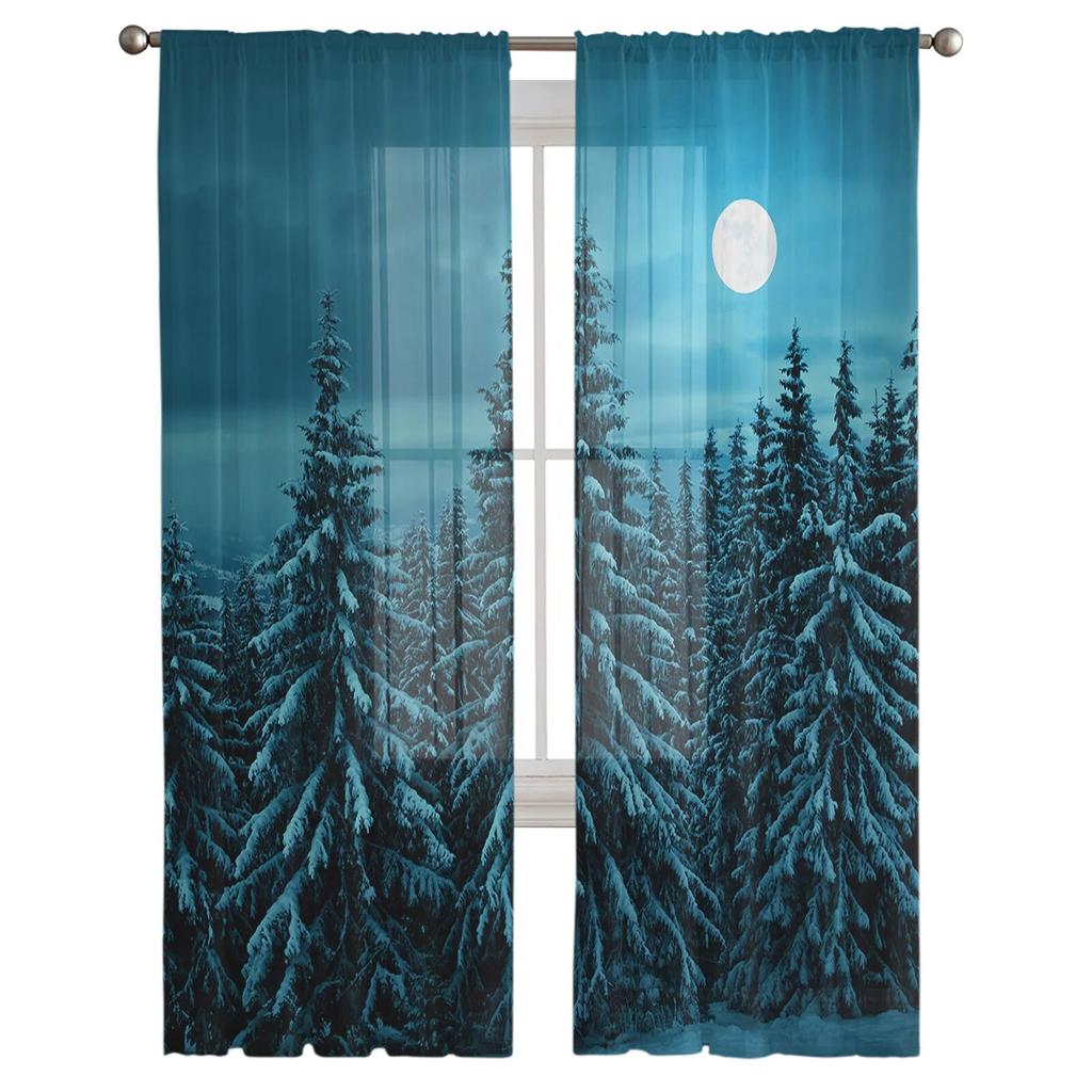 Schneeszene Wald Mond Modern Tüll Vorhänge Für Wohnzimmer Schlafzimmer Zuhause Küche Fenster Transparente Vorhänge