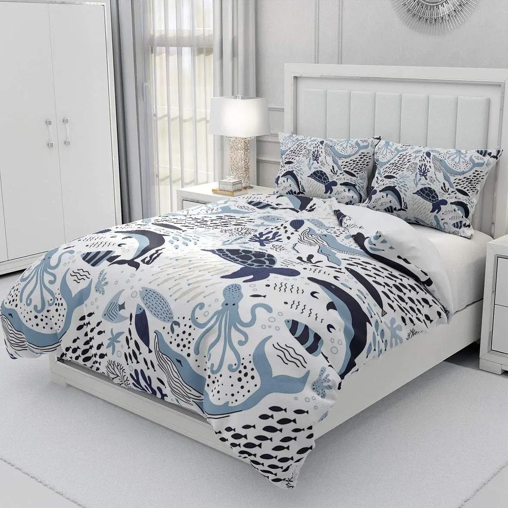 Comforter Nautical Sailing Whale Bedding Set 2-3Pcs Bedroom Set Single Double Size For Adult Boy Girl